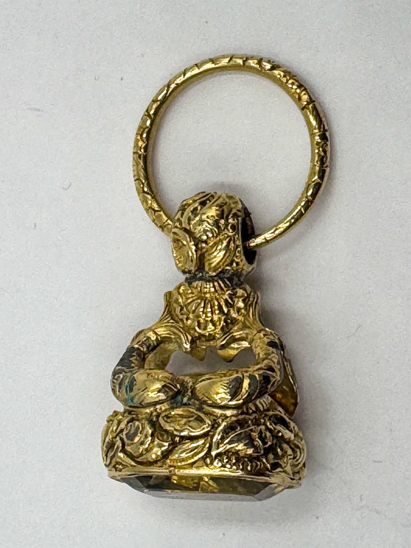 GEORGIAN 14K GOLD PLATED WATCH FOB W/ CITRINE: GEORGIAN 14K GOLD PLATED WATCH FOB W/ CITRINE