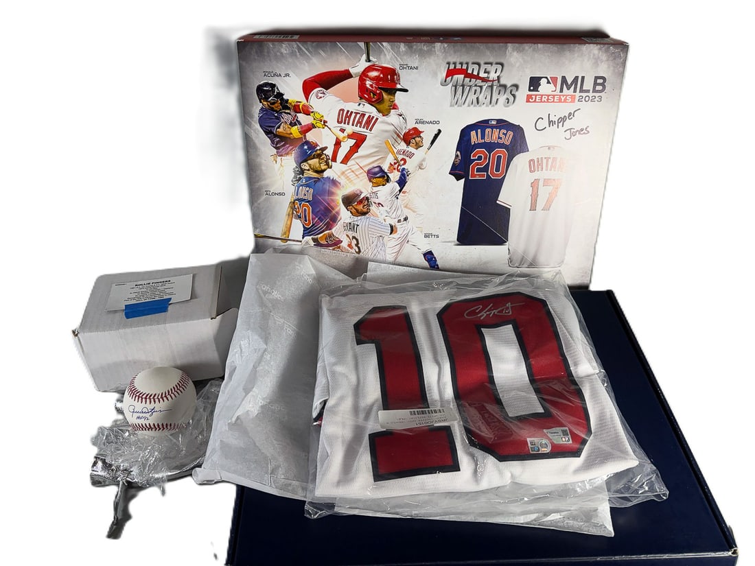 A CHIPPER JONES SIGNED JERSEY AND A ROLLIE FINGERS SIGNED BALL (1 of 3)