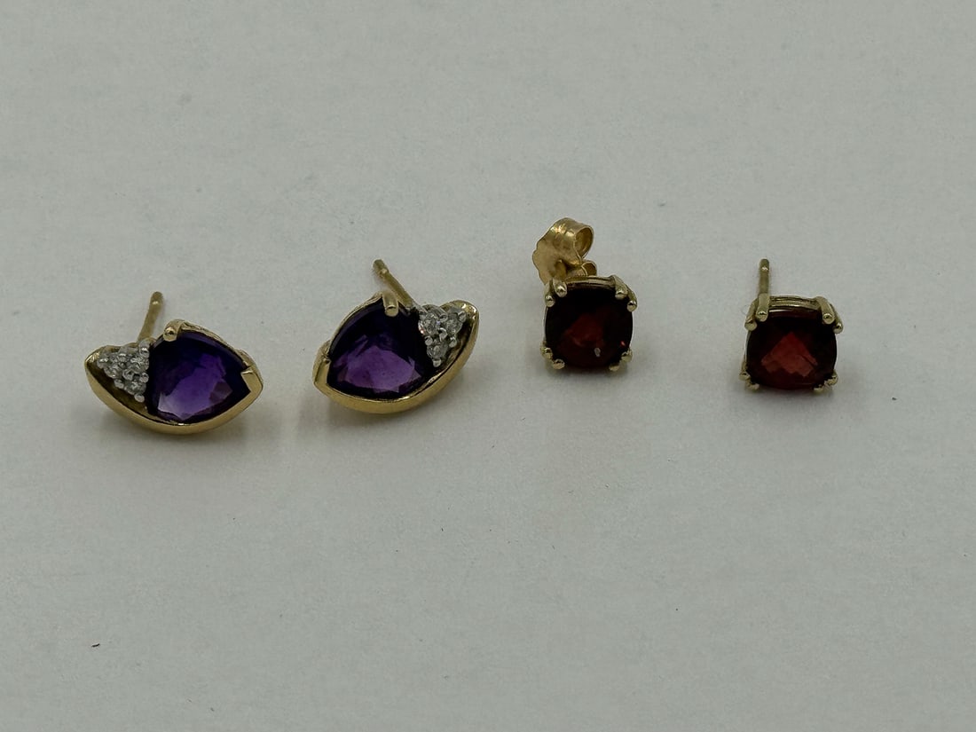 2 PAIRS GOLD EARRINGS WITH DIAMONDS, AMETHYST, AND RUBY, 3.53 GRAMS (1 of 5)