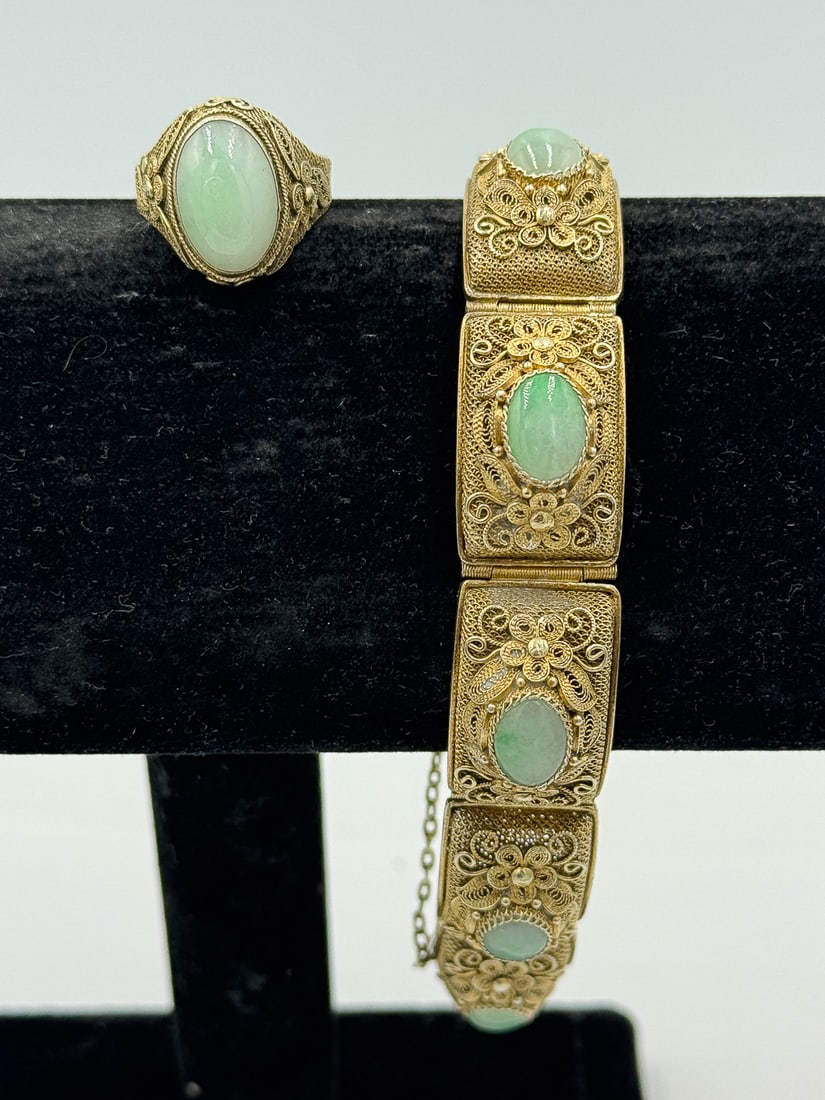 ANTIQUE CHINESE JADE BRACELET AND RING SET SET IN FILIGREED SILVER, 42.29 GRAMS (1 of 15)