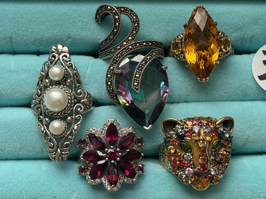 5 STERLING SILVER GEMSTONE BLING RINGS: 5 STERLING SILVER GEMSTONE BLING RINGS