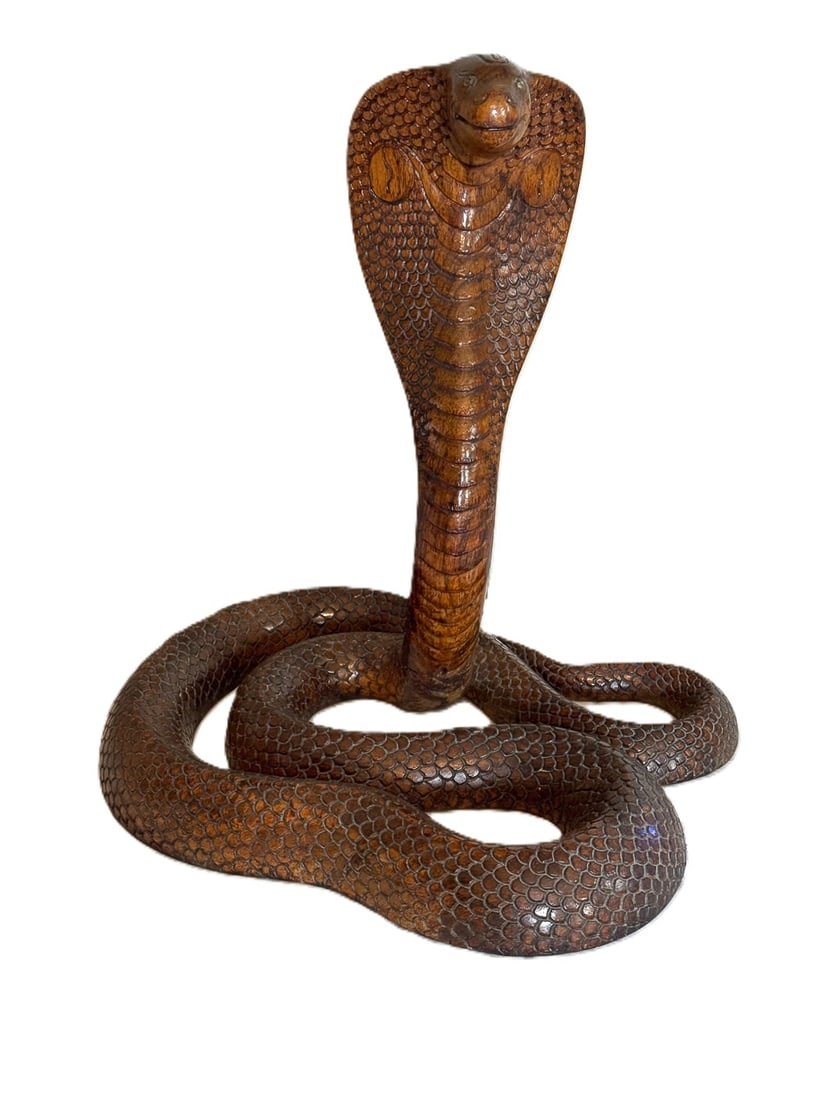 CARVED WALNUT WOOD COBRA, 15" X 15" X 10": CARVED WALNUT WOOD COBRA, 15" X 15" X 10"