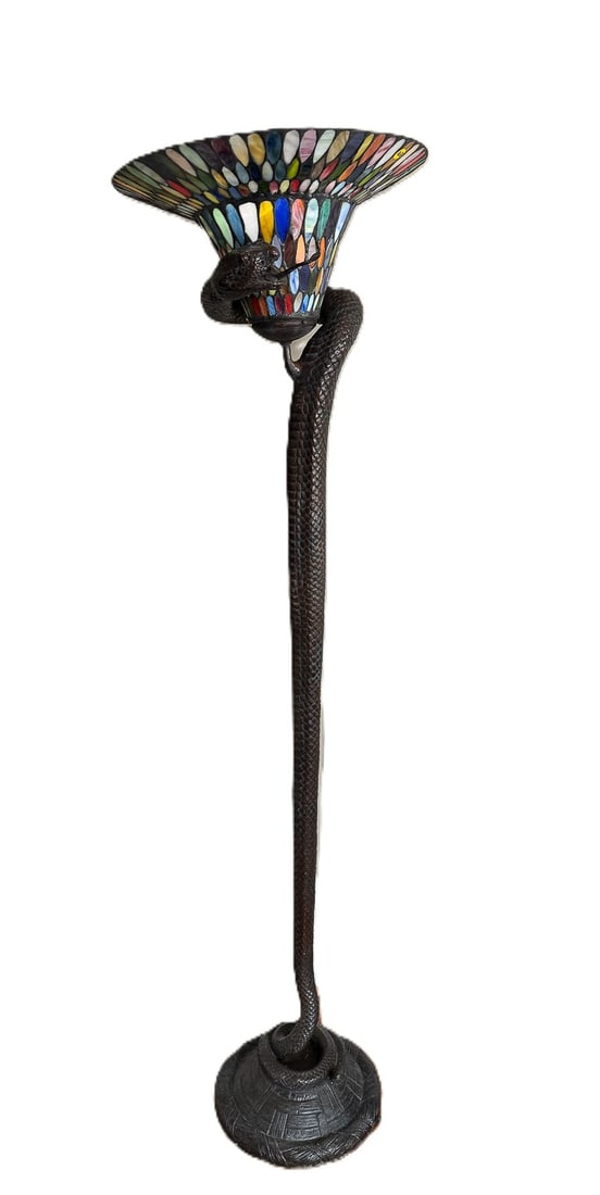 TIFFANY STYLE BRONZE COBRA FLOOR LAMP, 19" X 68": TIFFANY STYLE BRONZE COBRA FLOOR LAMP, 19" X 68"