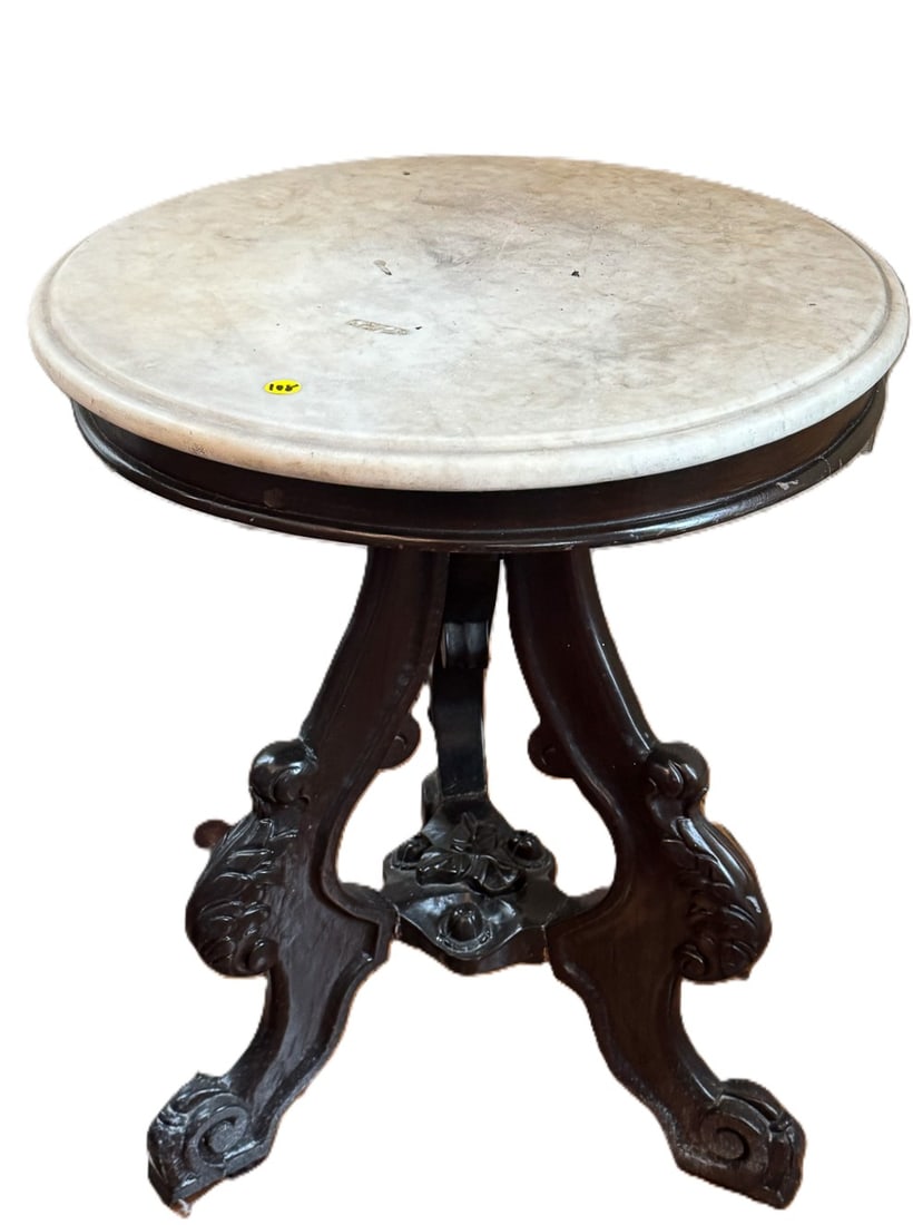 MARBLE TOP VICTORIAN WALNUT LAMP TABLE, 22" X 28" (1 of 5)