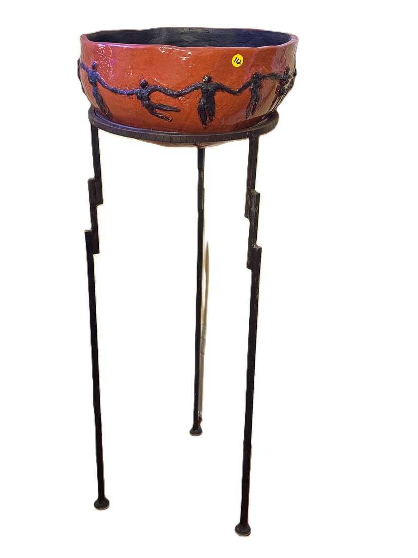 RICHARD PEPITONE POTTERY BOWL ON CUSTOM WROUGHT IRON STAND, 15.5" X 42" (1 of 6)