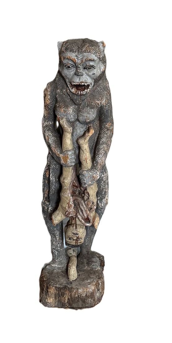 PAINTED NEPALESE CARVED WOOD GUARD FIGURE, 10" X 10" X 42" (1 of 9)