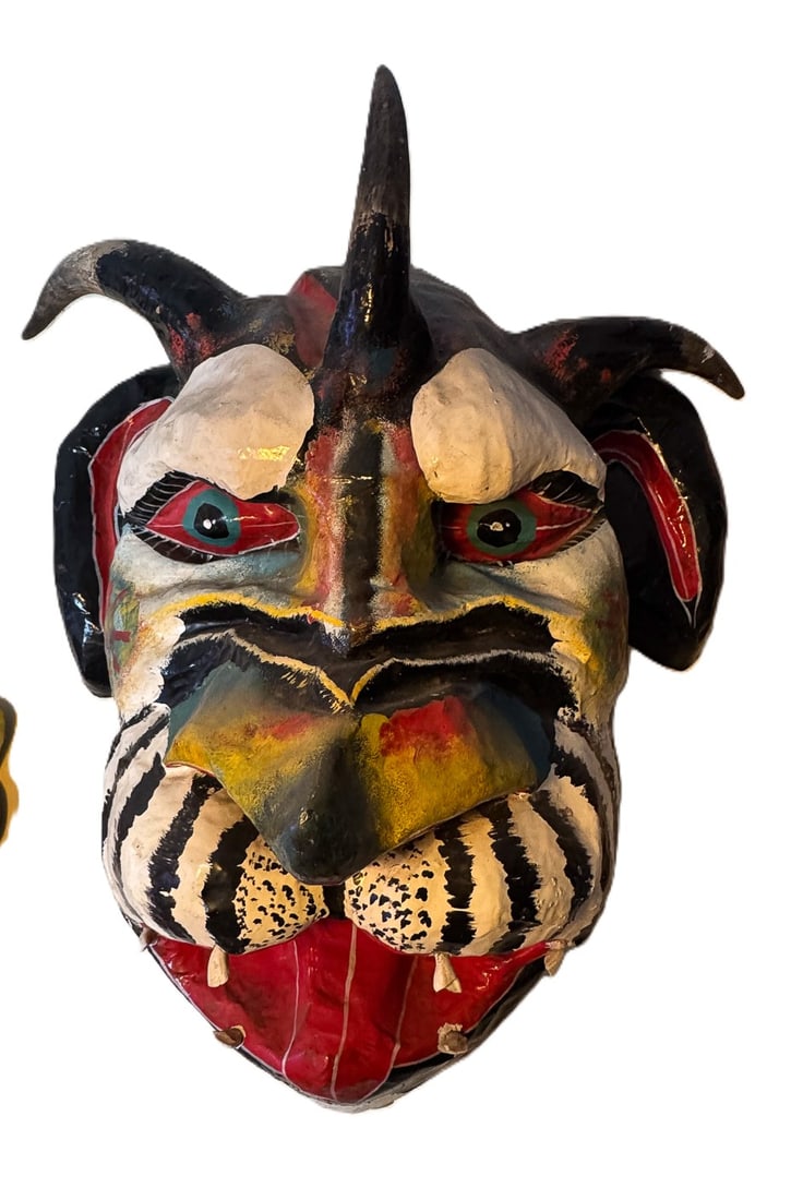 A LARGE PAPER MARCHE MONSTER MASK, 18" X 14" X 25" (1 of 5)