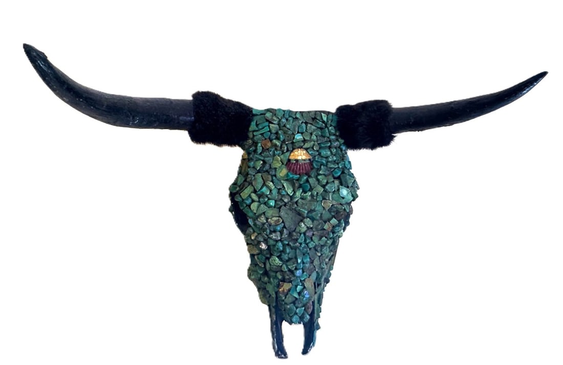A STEER HEAD EMBELLISHED WITH TURQOUISE, 16" X 18" X 14" (1 of 6)