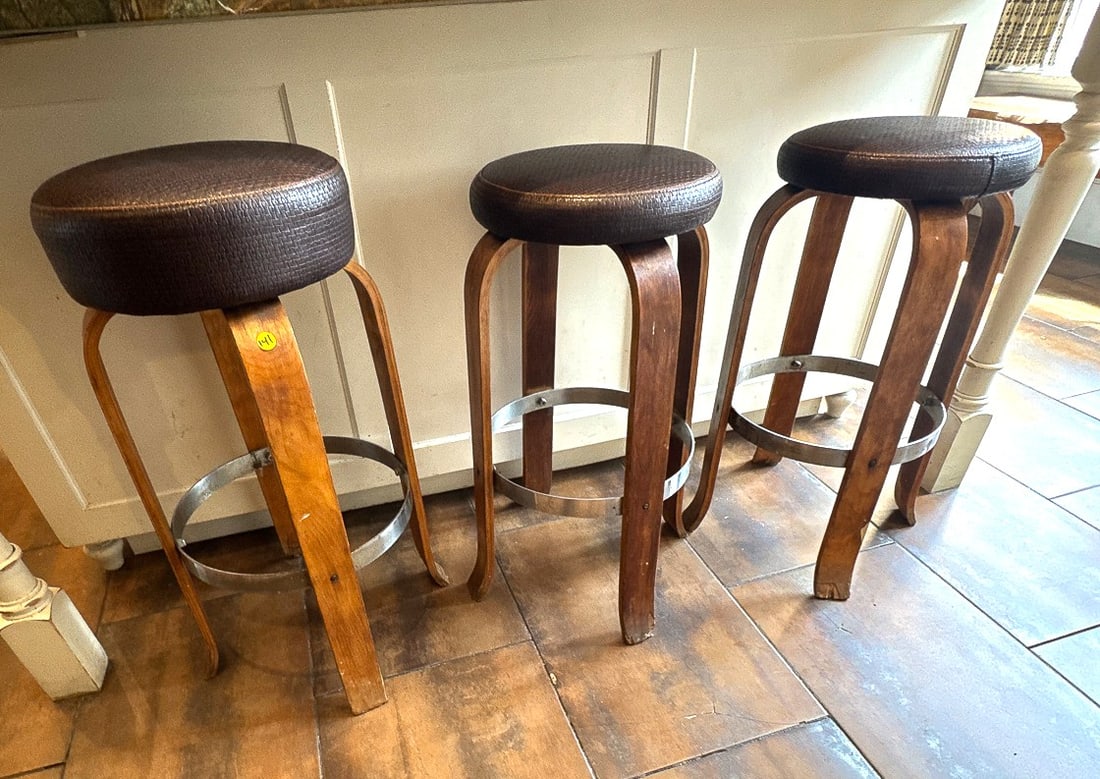 A SET OF 3 1930S BENTWOOD BARSTOOLS (RECOVERED), 16" X 28" (1 of 6)
