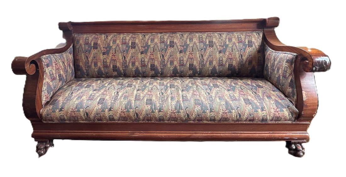 A RESTORED LATE EMPIRE SOFA WITH TOTEM POLE TAPESTRY UPHOLSTERY, 84" X 30" X 38" (1 of 6)