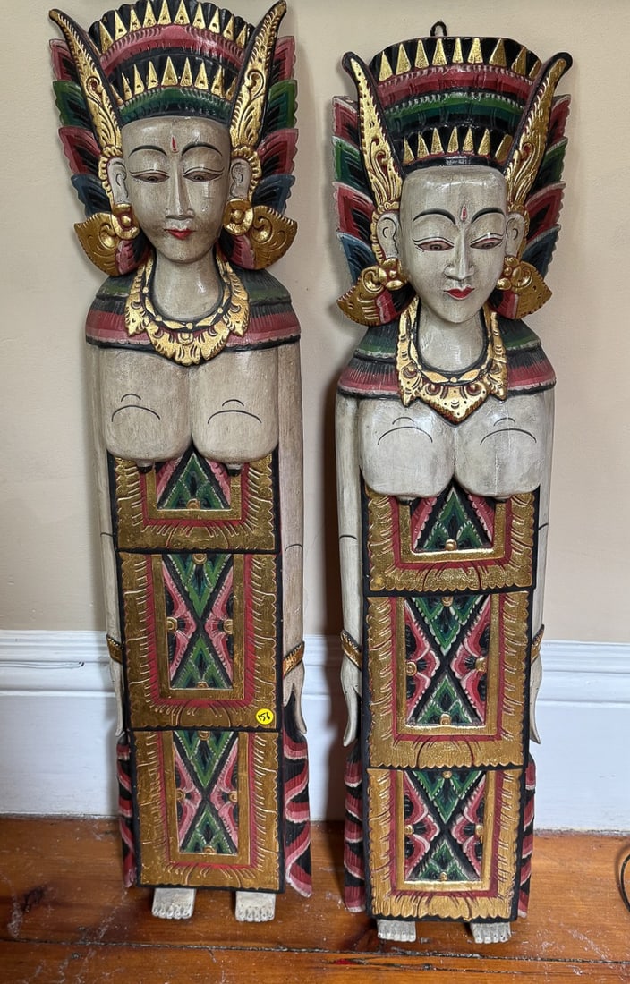 A PAIR OF CARVED AND PAINTED WOOD BALINESE WALL SCULPTURES 40" X 9" X 5" (1 of 5)