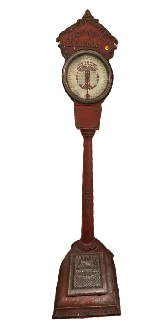 A CAST IRON VICTORIAN ONE CENT SCALE BY MILLS NOVELTY CO., 15" X 24" X 72" (1 of 8)