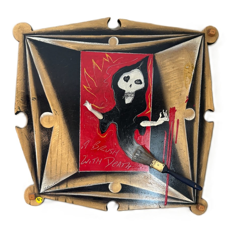 ARNIE CHARNICK MIXED MEDIA ON WOOD "A BRUSH WITH DEATH", 25" X 25" (1 of 5)