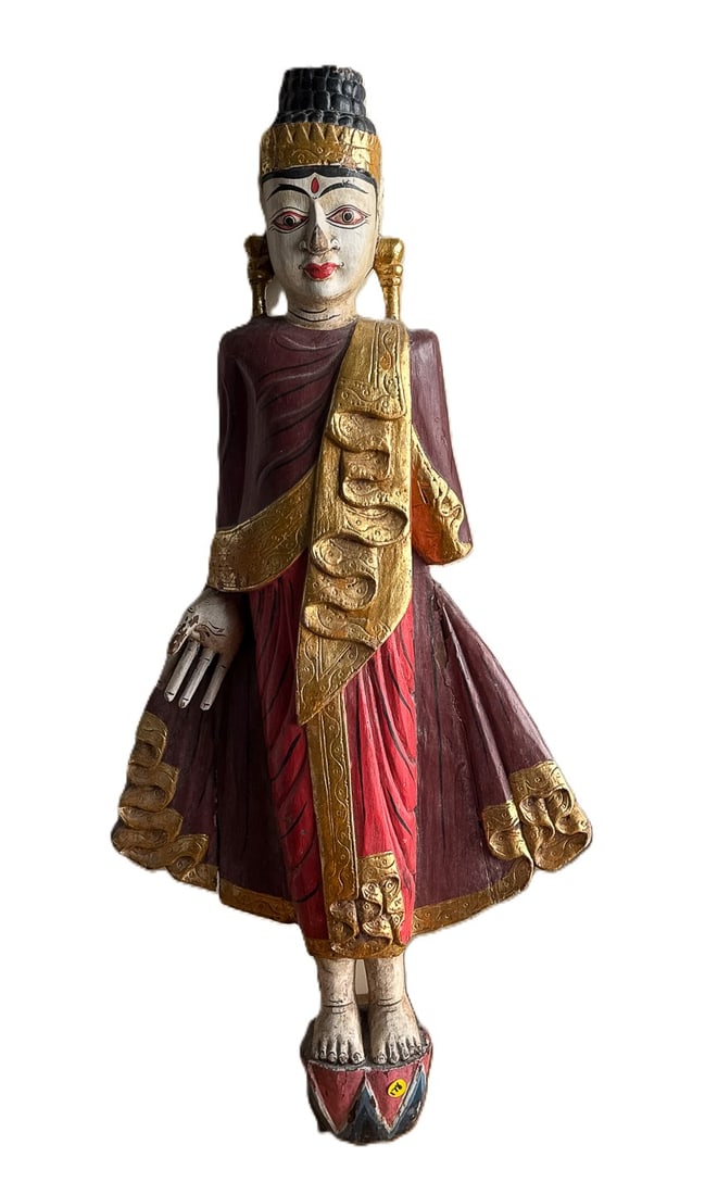 A CARVED AND PAINTED WOOD THAI BUDDHA STATUE, 9" X 5" X 14" (1 of 5)