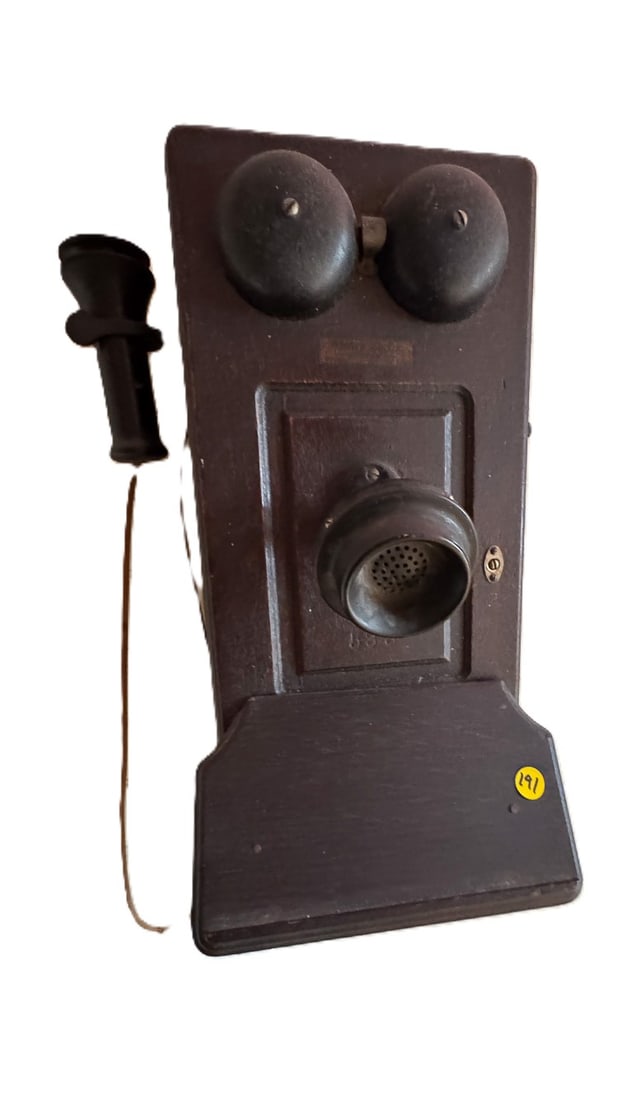 ANTIQUE OAK WALL MOUNTING PHONE, 14" X 9" X 21" (1 of 4)