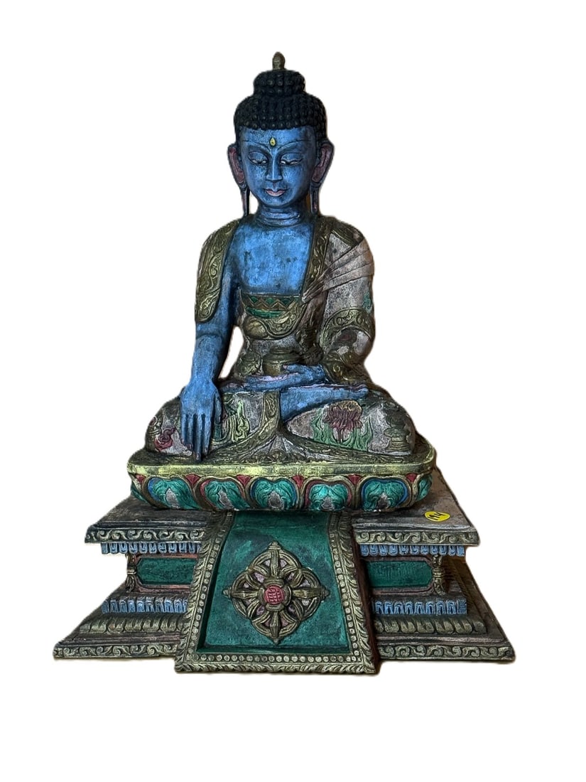 CARVED AND PAINTED WOOD BUDHA, 18" X 14" X 9" (1 of 6)