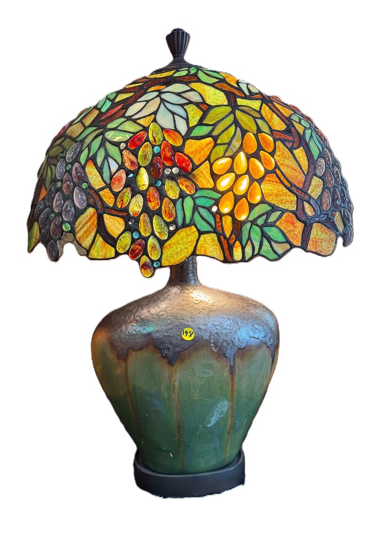 TIFFANY STYLE LAMP W/ POTTERY BASE, 20" X 11" X 30": TIFFANY STYLE LAMP W/ POTTERY BASE, 20" X 11" X 30"