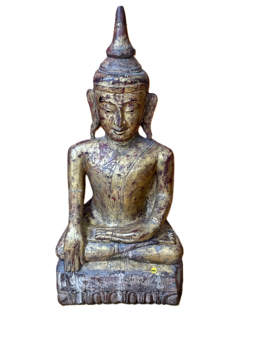 ANTIQUE GILDED CARVED WOOD BUDDHA, 17" X 12" X 37" (1 of 4)