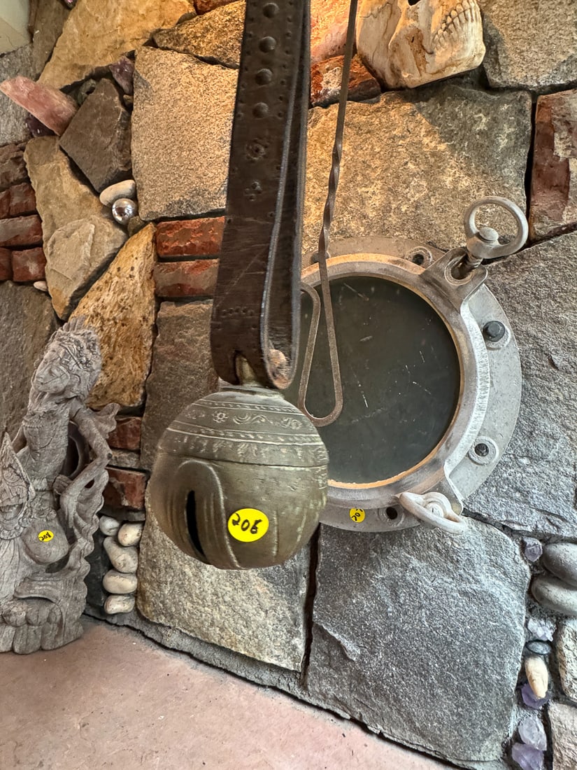 2 ANTIQUE BELLS, 4" AND 3" BELLS ON LEATHER COLLAR (1 of 4)