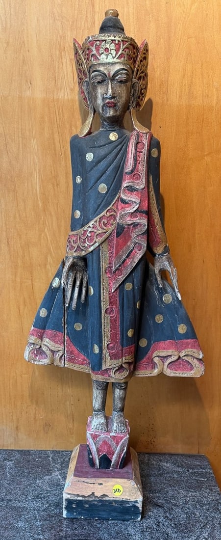 CARVED THAI PAINTED DEITY, 16" X 7" X 36" (1 of 3)