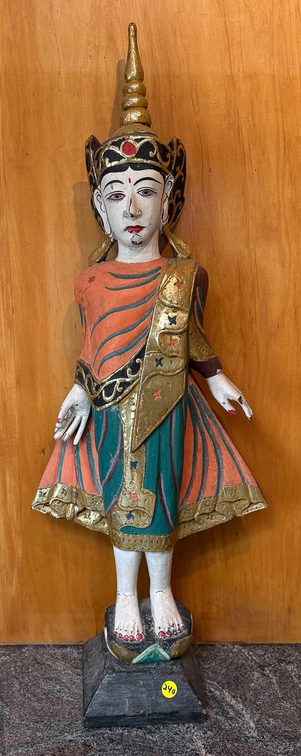 CARVED AND PAINTED THAI FIGURE, 12" X 7" X 30" (1 of 5)