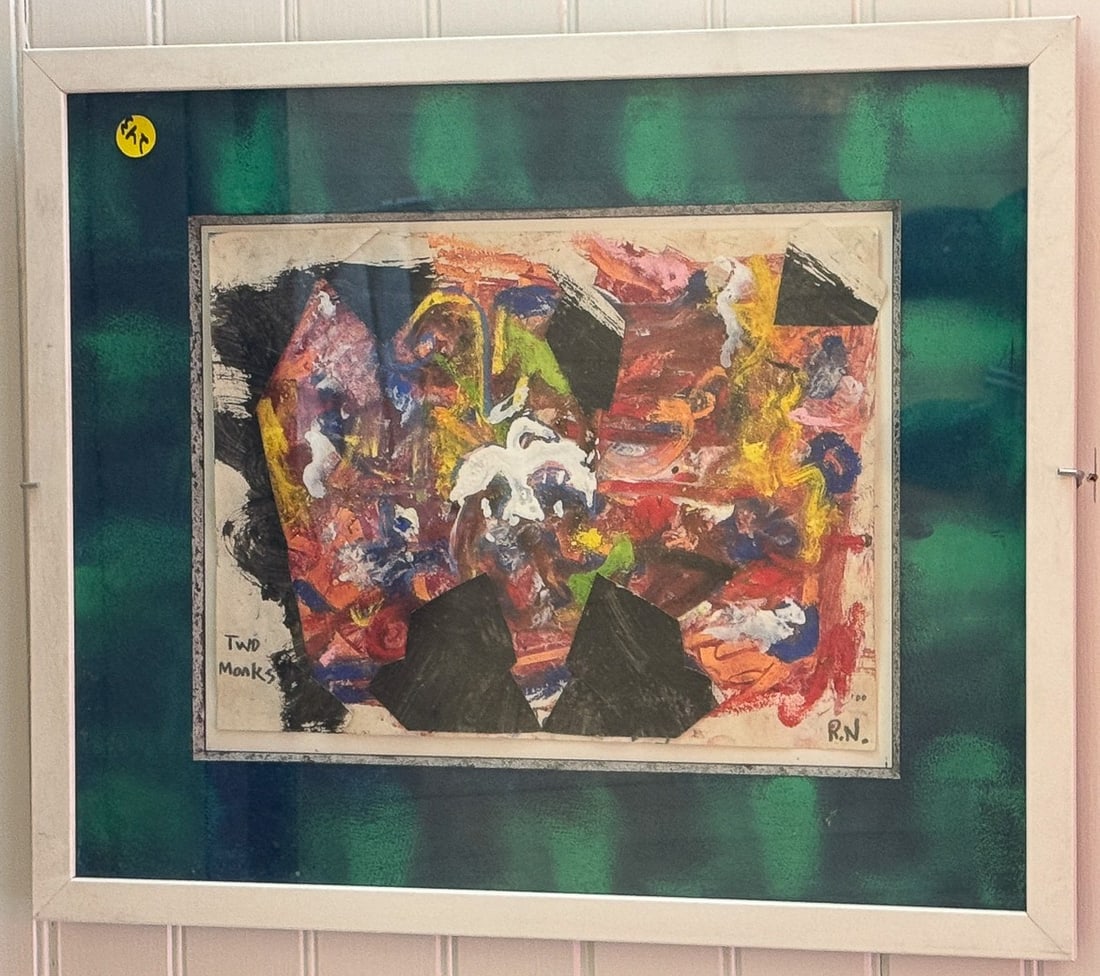 RAY NOLIN MIXED MEDIA PAINTING "TWO MONKS" 14"X 12" (1 of 5)