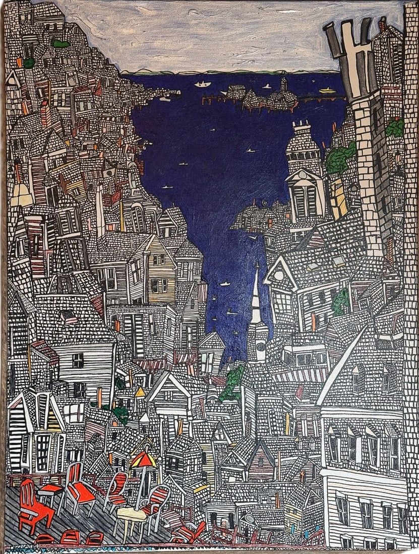 RICHARD DEQUATTRO "PROVINCETOWN BY THE BAY" SIGNED OIL PAINTING 40" X 30" (1 of 7)