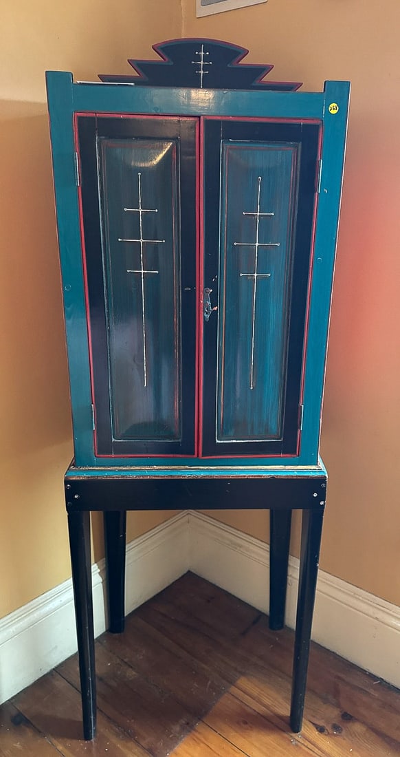 FUNKY PAINTED CUPBOARD, 74" X 18" X 25": FUNKY PAINTED CUPBOARD, 74" X 18" X 25"