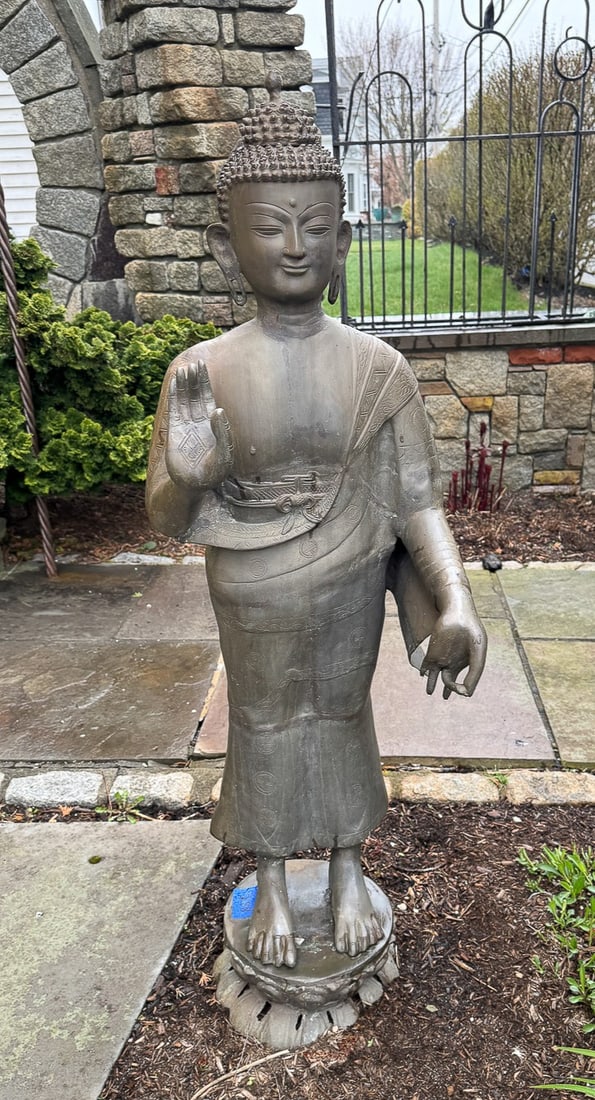 4' STANDING BRONZE BUDDHA, 15" X 12" X 50": 4' STANDING BRONZE BUDDHA, 15" X 12" X 50"