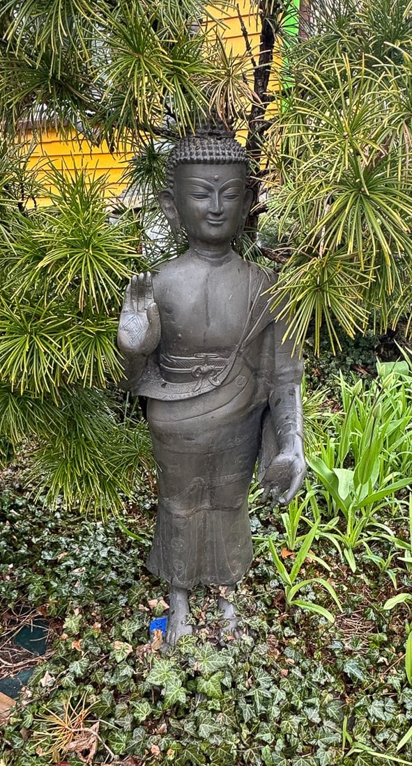 4' STANDING BRONZE BUDDHA, 15" X 12" X 50": 4' STANDING BRONZE BUDDHA, 15" X 12" X 50"