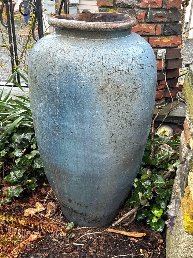3 LARGE BLUE PLANTERS, 15" DIAMETER X 30" TALL EACH (1 of 3)