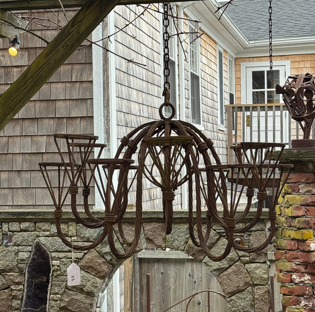 MICHAEL KACERGIS 1944-2023 WROUGHT IRON OUTDOOR CHANDELIER/PLANTER, 30" X 21" (1 of 2)