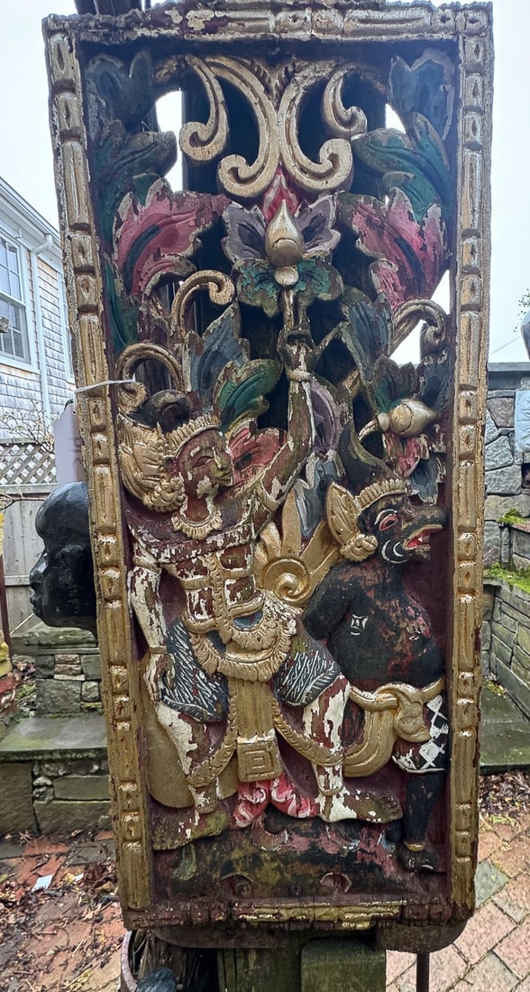 2 CARVED AND PAINTED THAI PLAQUES, 42" X 6" AND 26" X 12" (1 of 3)
