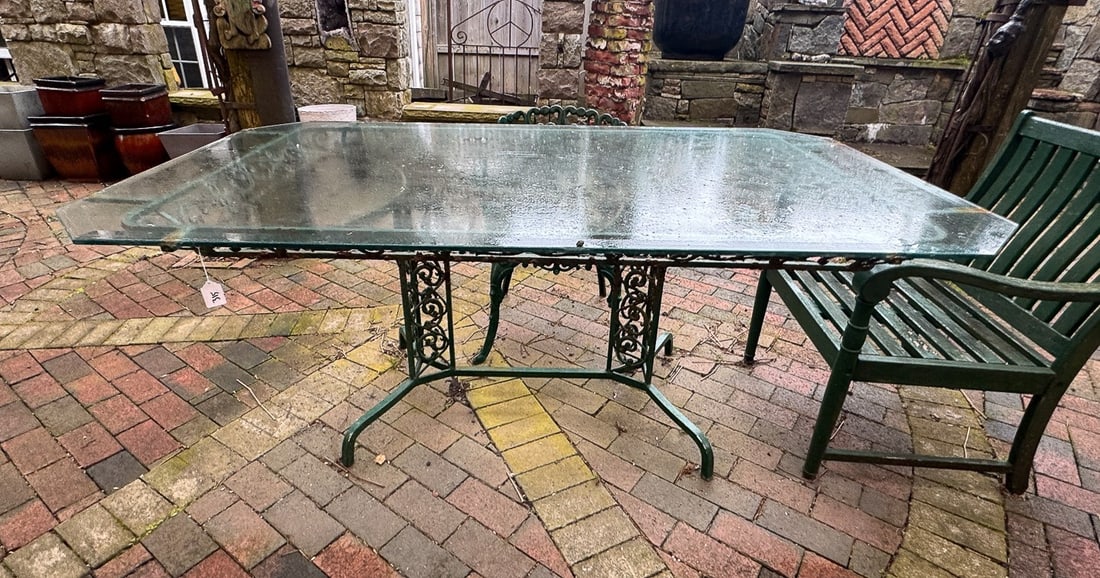 A WROUGHT IRON TABLE W/ GLASS TOP, 72" X 42" X 30" (1 of 10)
