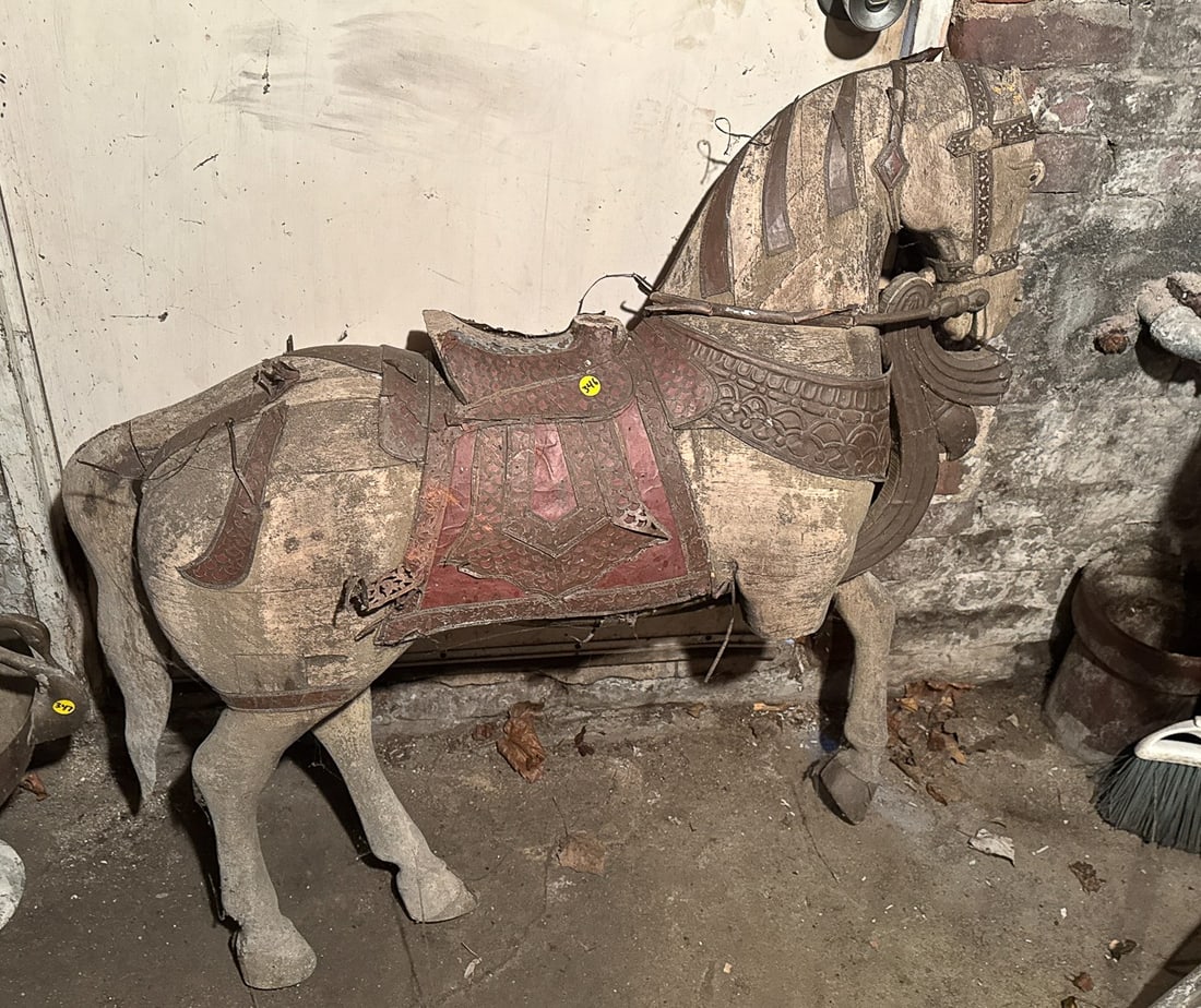 ANTIQUE CARVED WOOD HORSE, 36" X 12" X 24": ANTIQUE CARVED WOOD HORSE, 36" X 12" X 24"
