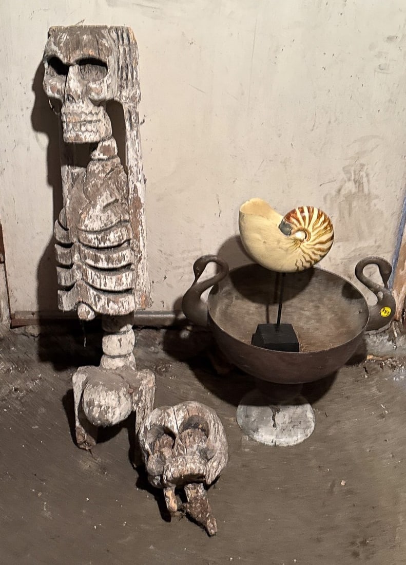 CARVED WOOD SKELETONS AND COPPER SWAN POT, 28" AND SMALLER: CARVED WOOD SKELETONS AND COPPER SWAN POT, 28" AND SMALLER
