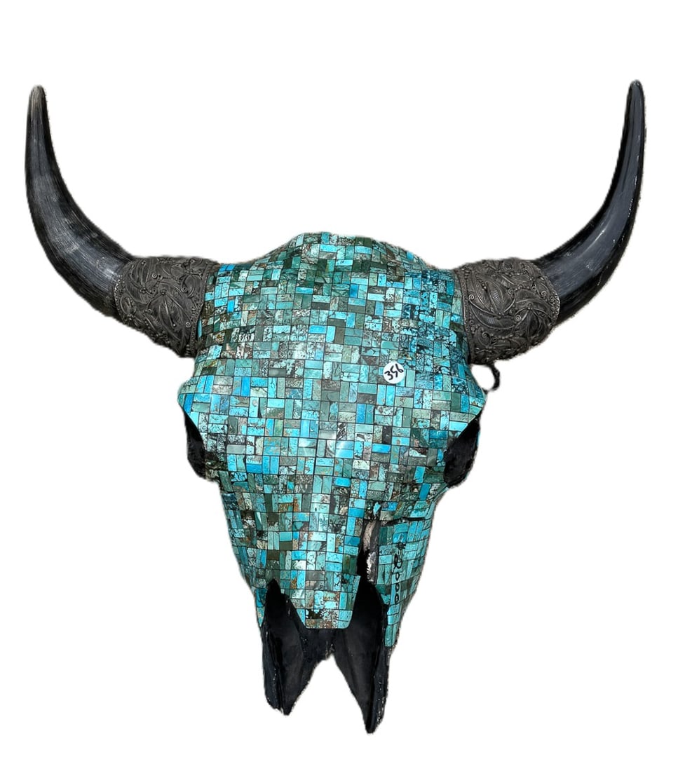 STEERE SKULL ENCRUSTED IN SILVER AND TURQOUISE, 23" X 10" X 24": STEERE SKULL ENCRUSTED IN SILVER AND TURQOUISE, 23" X 10" X 24"