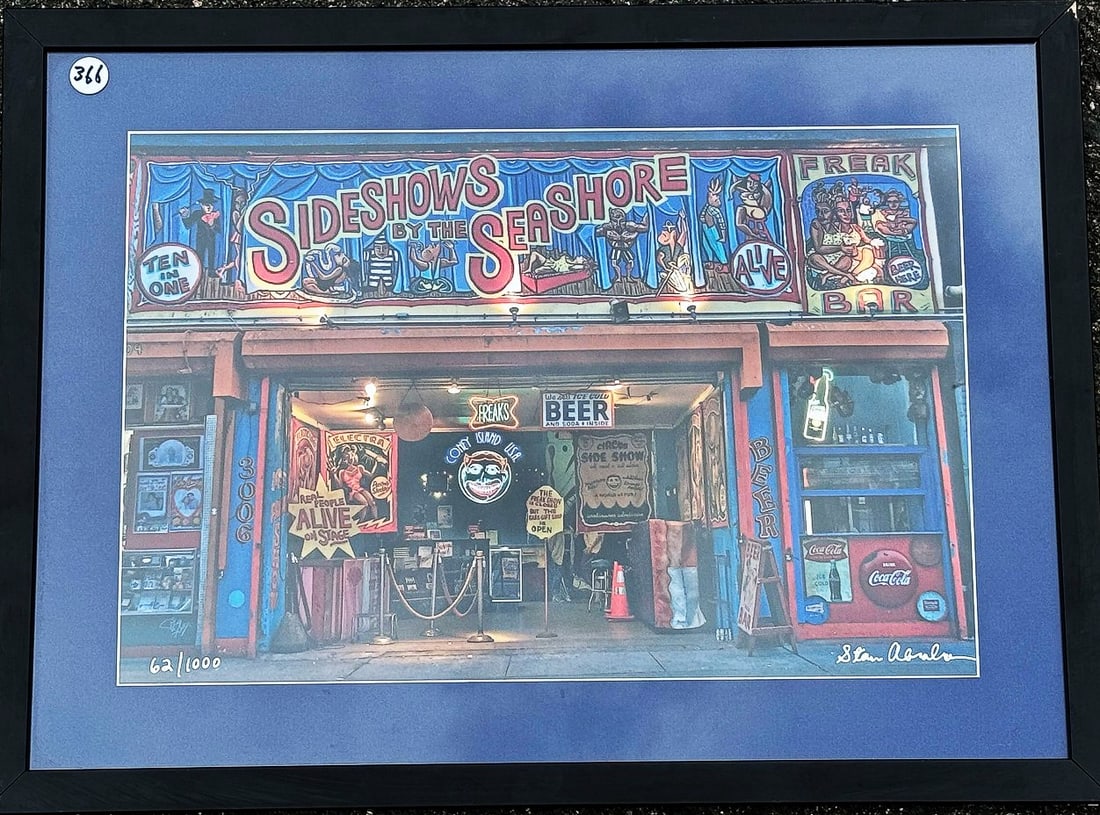 FREAK SHOW PRINT IN COLORS BY STAN ABRAHAM, 21.5" X 15.5" FRAMED AND 16" X 11" SIGHT (1 of 7)