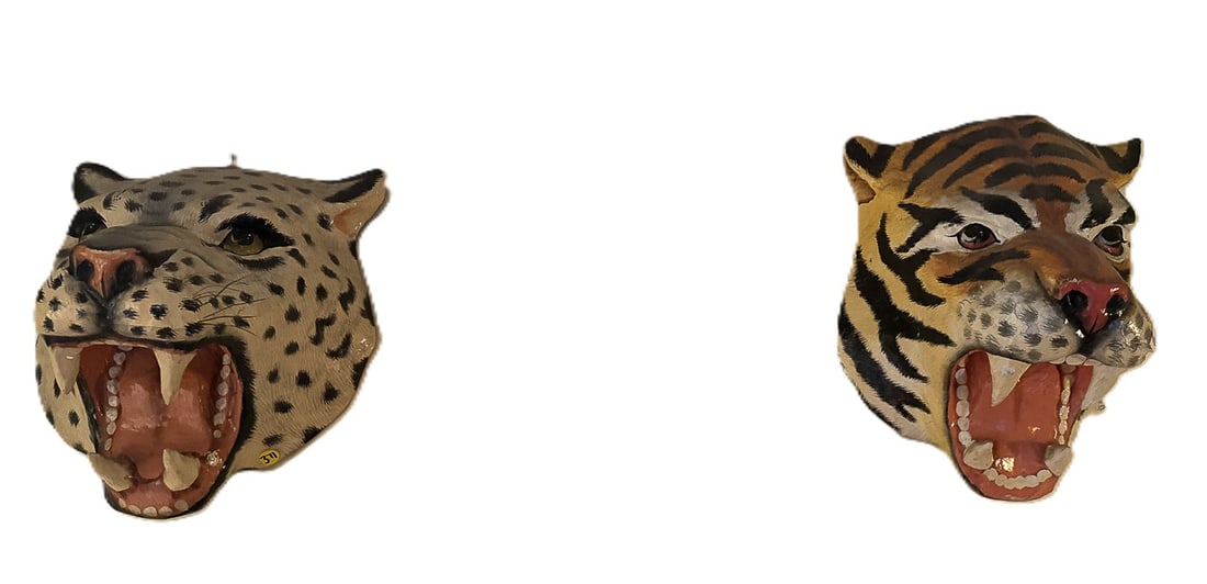 2 MEXICAN PAPER MARCHE TIGER MASKS, 17" X 12" X 10" (1 of 3)