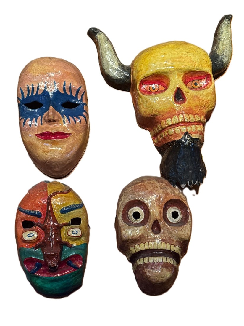 4 MEXICAN PAPER MARCHE MASKS, 2 FACES AND 2 SKULLS (1 of 1)
