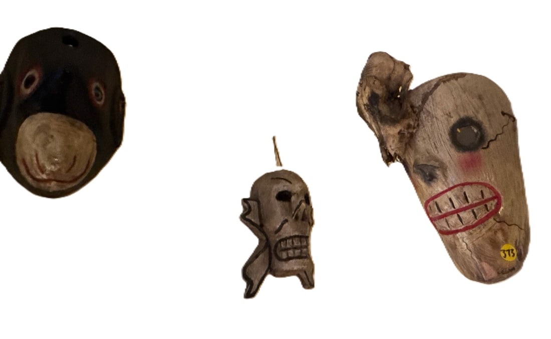 3 CARVED WOOD MASKS, 2 SKULLS AND 1 BEAR, 17" X 14" X 7" (1 of 5)