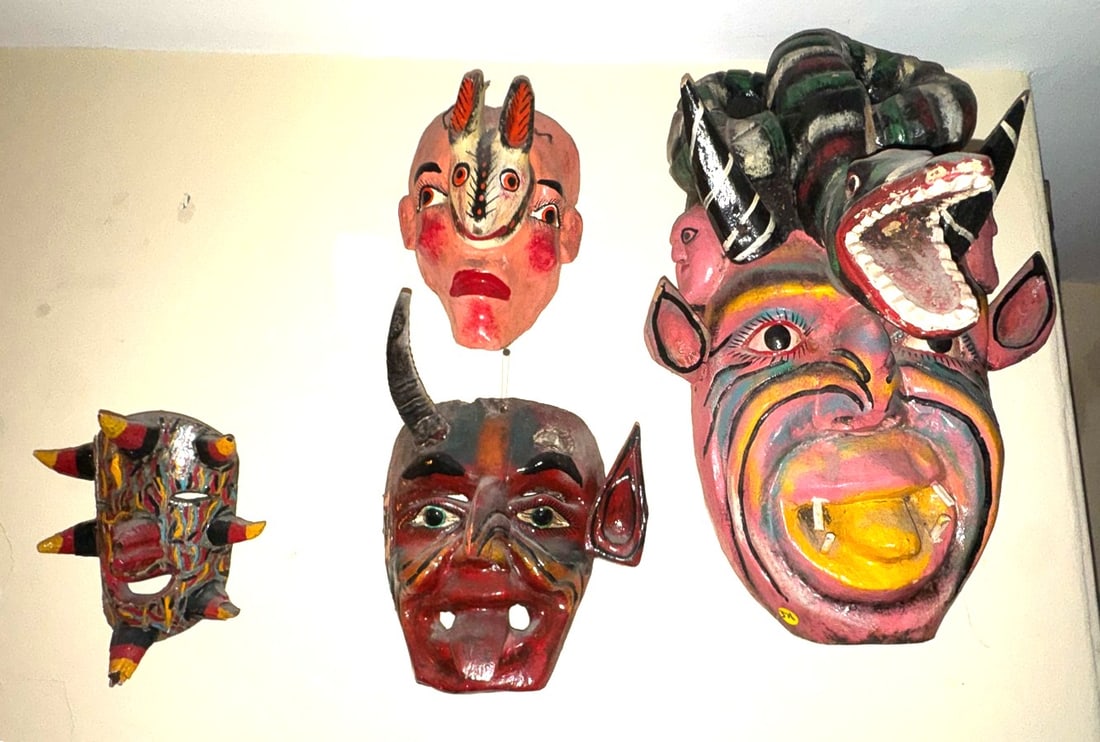 4 CARVED WOOD MONSTER MASKS, 24" X 17" X 15" AND SMALLER (1 of 3)