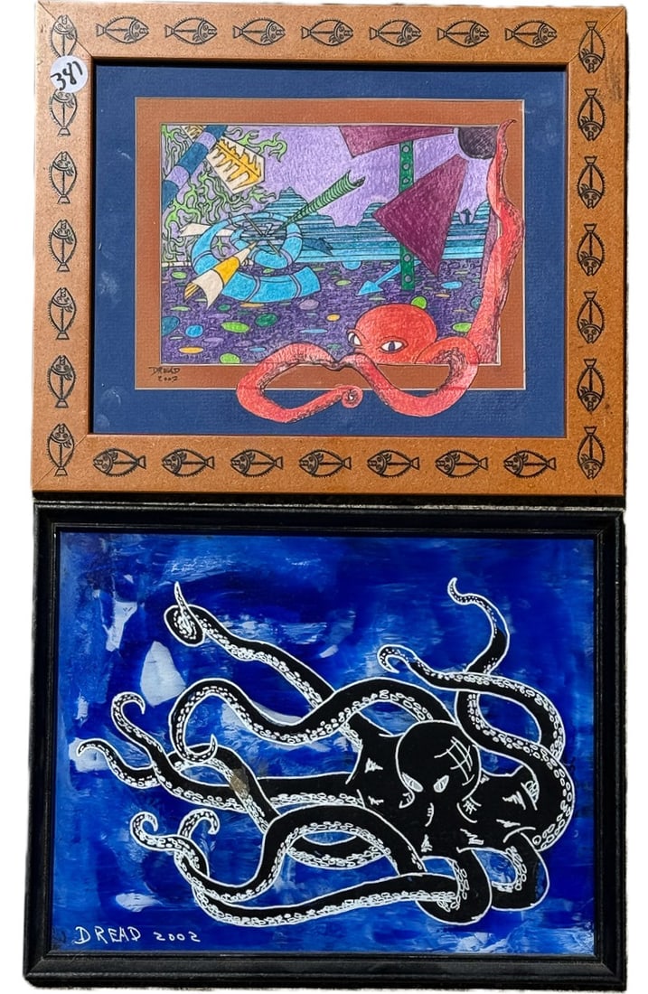 2 DR DREAD (DOUG BLAMY) OCTOPUS PAINTINGS, 1 ON GLASS AND 1 PEN AND INK. 9.5" X 11.5" AND 10" X (1 of 5)