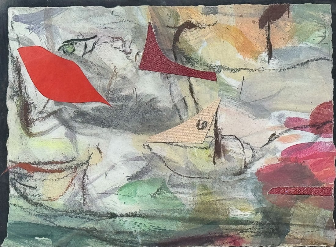 RAY NOLIN MIXED MEDIA "BOATS IN PROVINCETOWN HARBOR", 16.5" X 16.5" (1 of 3)