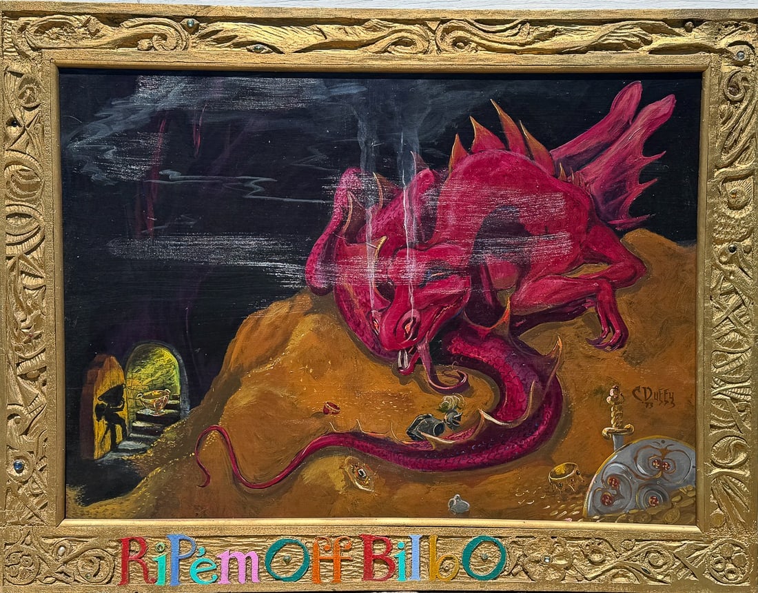 CHARLES DUFFY (AKA DUFFY DID IT) "RIP EM OFF, BILBO!" OIL PAINTING ON CANVAS WITH CUSTOM MADE: CHARLES DUFFY (AKA DUFFY DID IT) "RIP EM OFF, BILBO!" OIL PAINTING ON CANVAS WITH CUSTOM MADE FRAME, 60" X 46" FRAMED AND 49" X 39" SIGHT