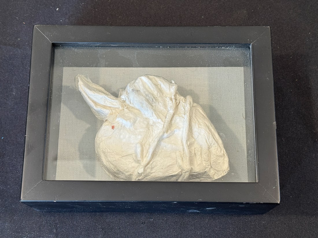 MIXED MEDIA PAPER MARCHE HEART WITH HAIR, UNSIGNED IN SHADOWBOX, 6" X 3" X 8" (1 of 3)