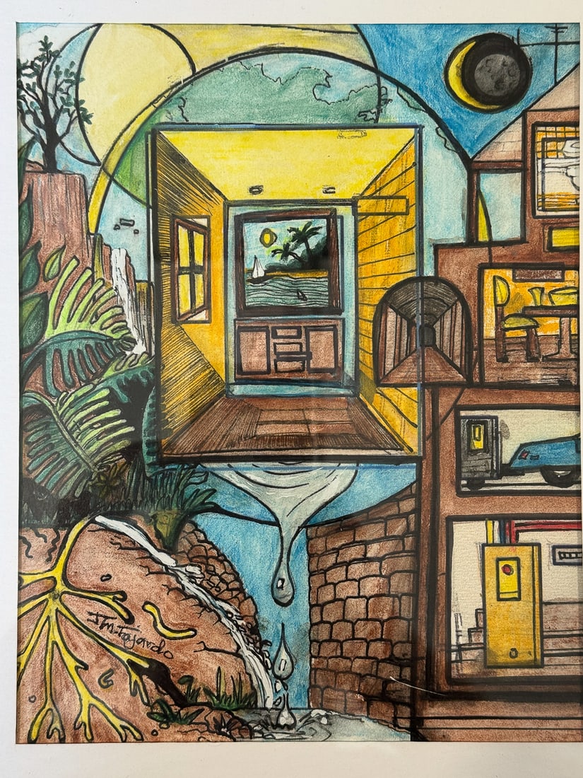 KATHLYN MAE PEARSON "THE VIEW OF THE WORLD FROM RONNIE'S EYES", 15" X 17.5" FRAMED AND 9.5" X 7.5": KATHLYN MAE PEARSON "THE VIEW OF THE WORLD FROM RONNIE'S EYES", 15" X 17.5" FRAMED AND 9.5" X 7.5" SIGHT