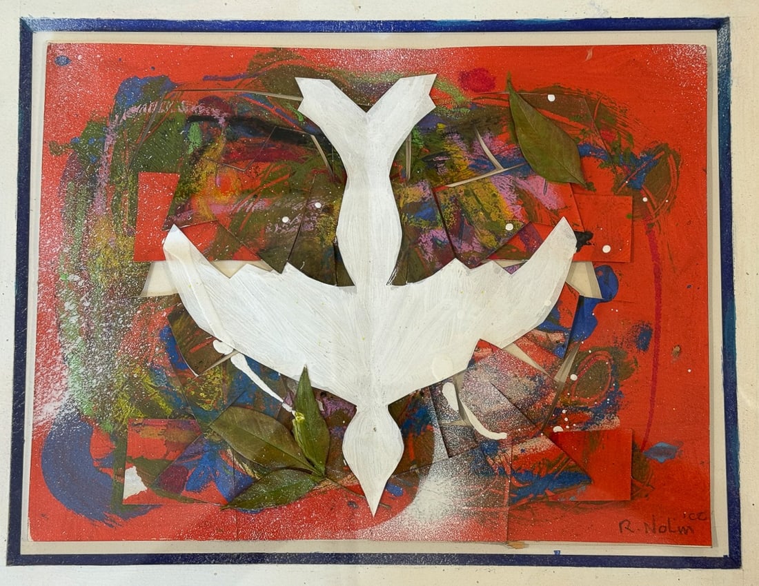 RAY NOLIN "PEACE" MIXED MEDIA WITH CUT PAPER, LEAVES, AND PAINT. 16" X 18.5" FRAMED AND 9" X 12" (1 of 4)