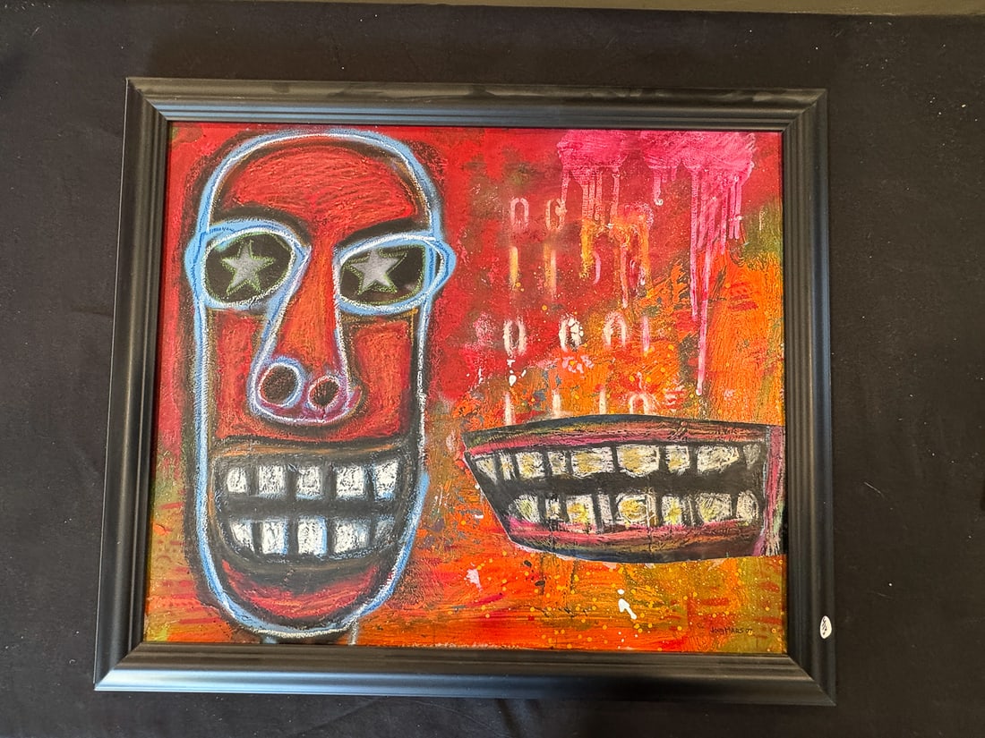 JOEY MARS OIL ON CANVAS "SOUNDBITE DEMON" 23" X 27.5" FRAMED: JOEY MARS OIL ON CANVAS "SOUNDBITE DEMON" 23" X 27.5" FRAMED