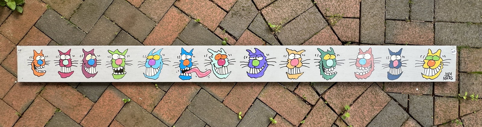 JOEY MARS, "THIRTEEN CATS" PAINTING ON WOOD 66" X 5.5" X 1" (1 of 4)